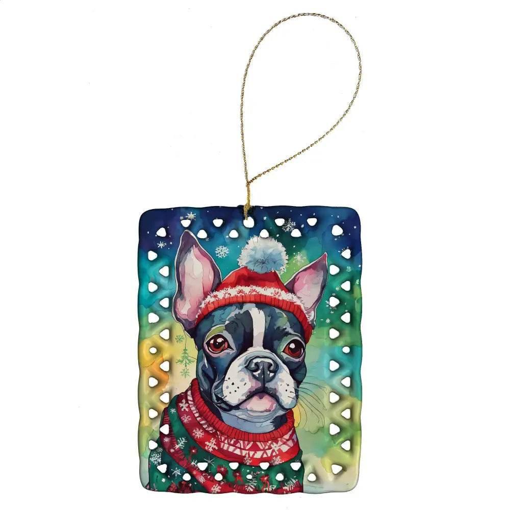 Boston Terrier Christmas Porcelain Ornament for Personalization - Estalios