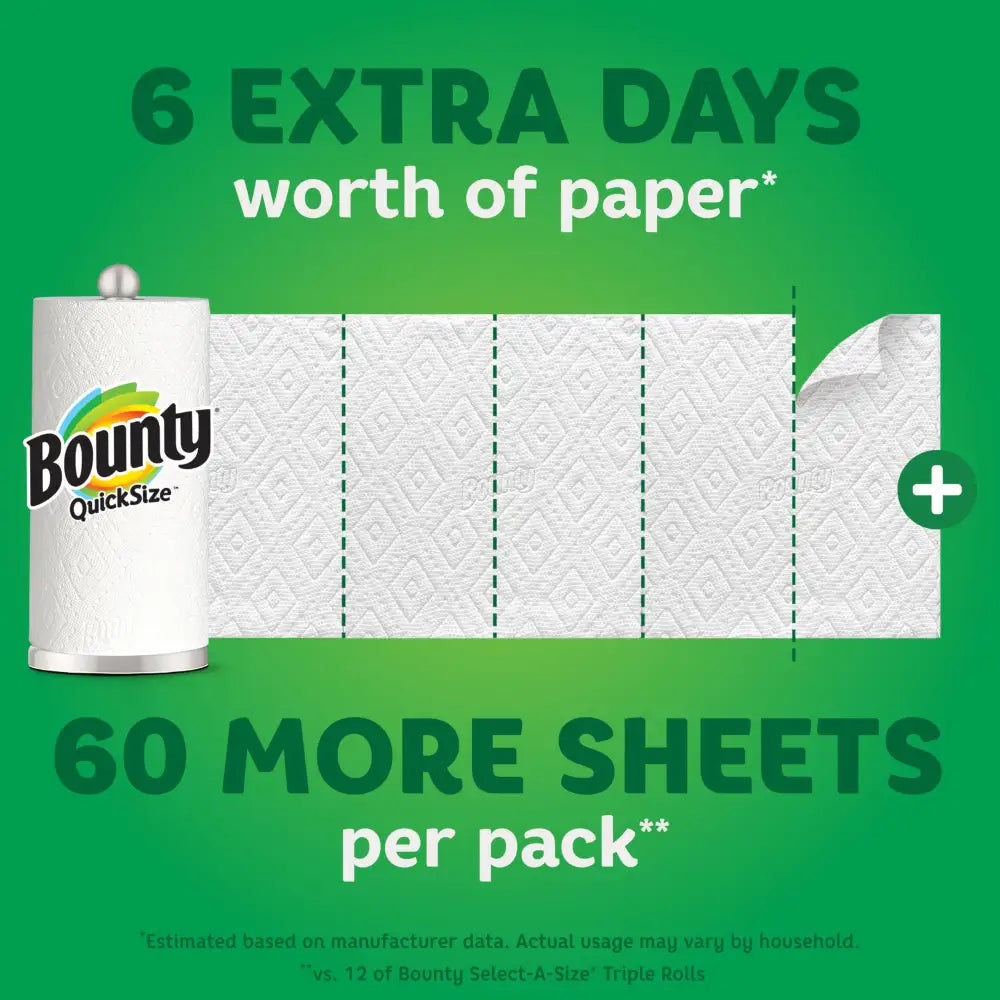 Mega Bounty Quick-Size Paper Towels roll with extra sheets for tough messes