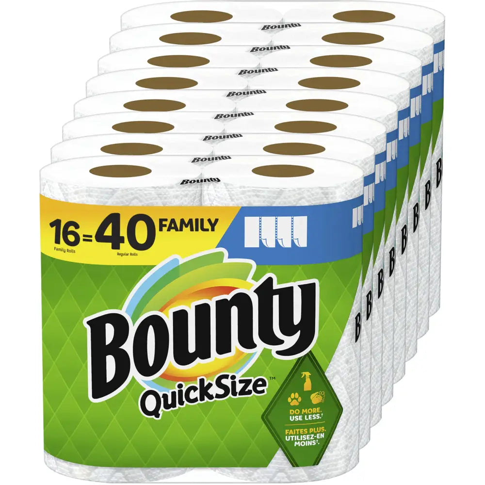 Stack of Bounty Quick Size paper towels showing off Mega Bounty Quick-Size Paper Towels