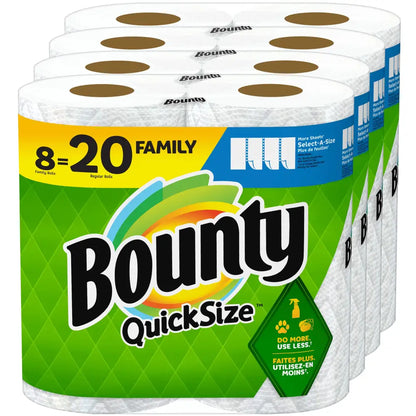 Bounty Quick-Size Paper Towels in Mega Bounty packaging for super absorbent cleaning