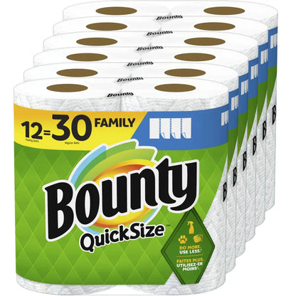 Pack of Bounty Quick-Size Paper Towels for easy and quick clean-ups at home