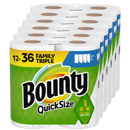 Pack of Bounty Quick-Size Paper Towels for fast and easy cleaning up messes