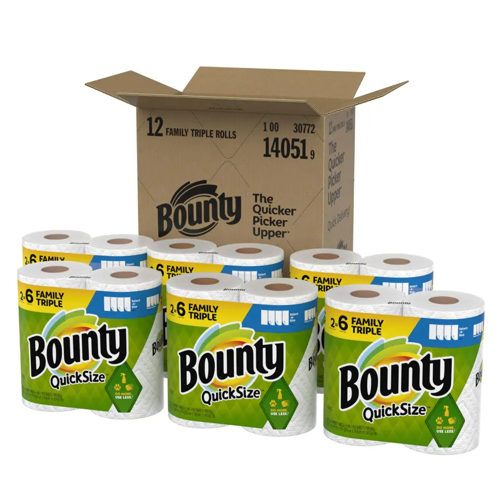 Cardboard box of Bounty Quick-Size Paper Towels for all your mess-clearing needs