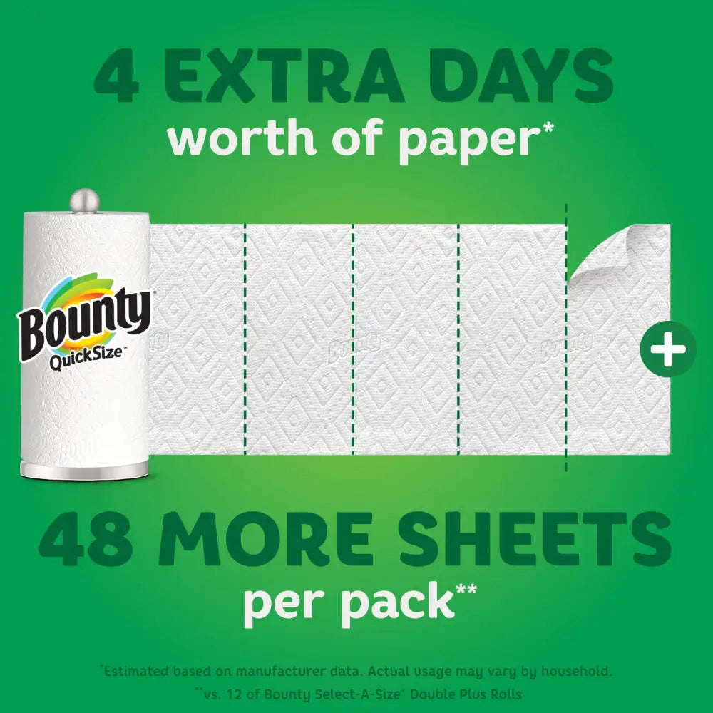 Bounty Quick Size Paper Towels in a Mega Bounty package for unbeatable cleaning power