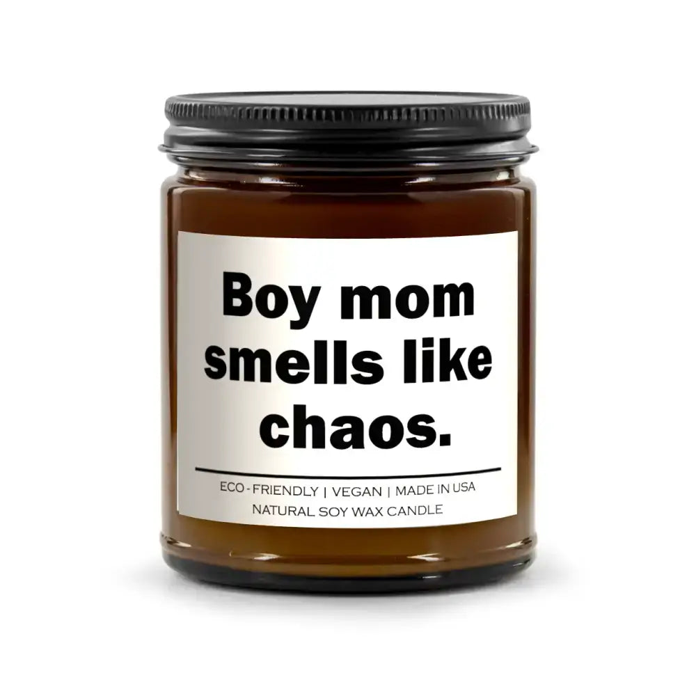 Brown Boy Mom Smells Spiced Pumpkin Ginger Chaos Candle with black lid and white label