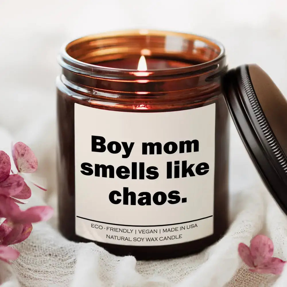 Lit Boy Mom Spiced Pumpkin Chaos Candle in a brown jar, adding warm fall vibes