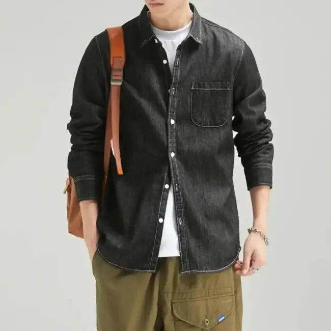 Effortless Style: Brown Leather Backpack & Denim Shirt - Estalios