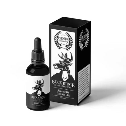 Buck Ridge Anarchy Premium Beard Oil Kit with bottle and box for a great beard look