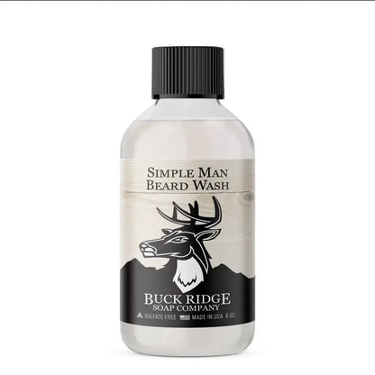 Bottle of Buck Ridge Simple Man Beard Wash perfect for keeping your man beard fresh