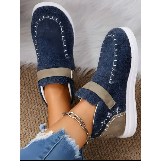 Blue felt slip-on shoes from Buckle Up Shoe Deals for stylish womens clothing