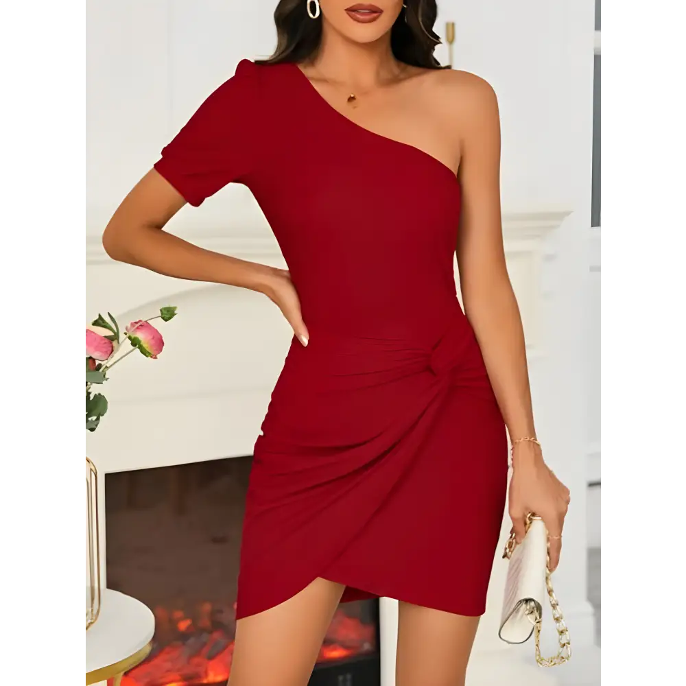 Stylish Burgundy Twisted Single Shoulder Mini Dress with chic sleeve length for a trendy look