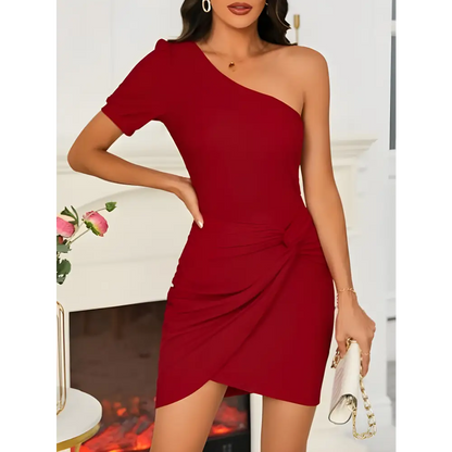 Stylish Burgundy Twisted Single Shoulder Mini Dress with chic sleeve length for a trendy look