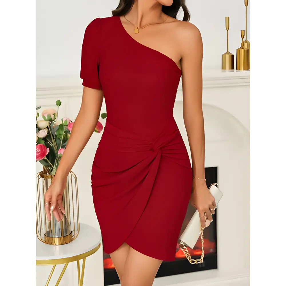 Stylish Burgundy Twisted Single Shoulder Mini Dress perfect for any occasion