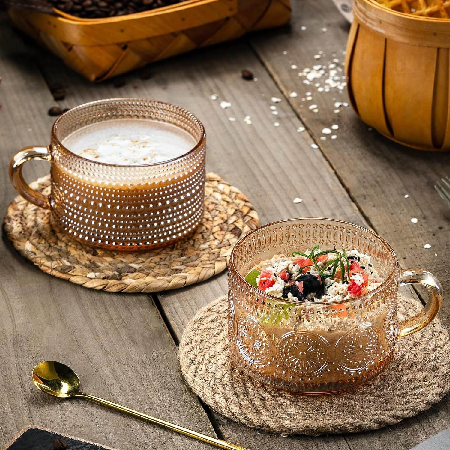 Vintage Coffee Mugs 14 Oz Set of 2 Embossed Glass Cups - Estalios