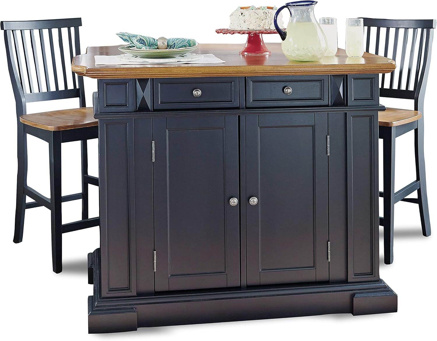 Americana Cottage Oak Kitchen Island Set with Two Stools - Estalios