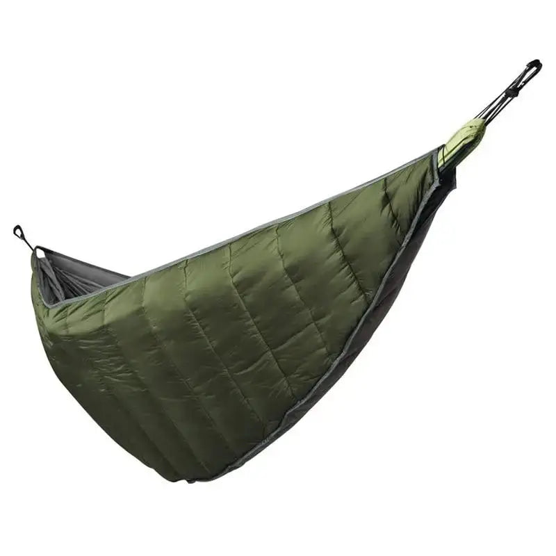 Green quilted hammock for outdoor camping, made with durable waterproof nylon underquilt