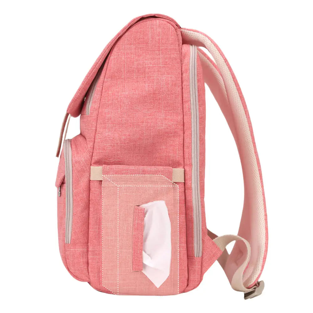 Salmon-colored Canvas Diaper Bag Travel Backpack with insulated bottle holders