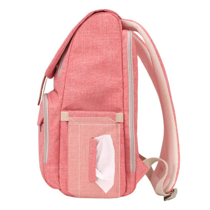 Salmon-colored Canvas Diaper Bag Travel Backpack with insulated bottle holders