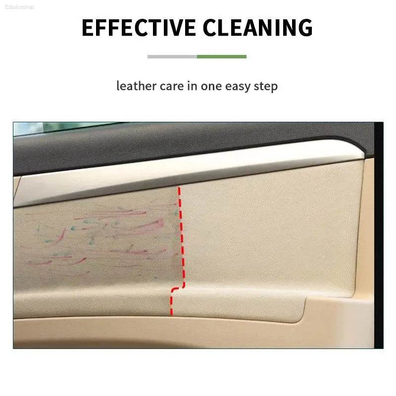 Car door panel with cleaning demonstration.