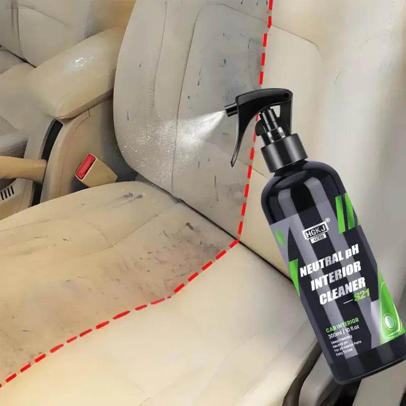 Black spray bottle of interior cleaner.