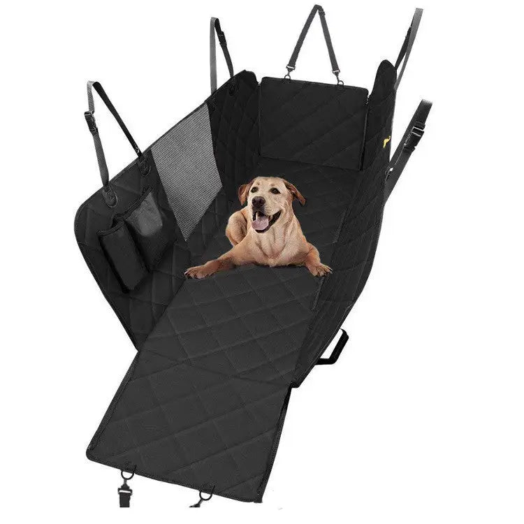 Black dog car seat cover featuring a Golden Retriever on a car pet mat