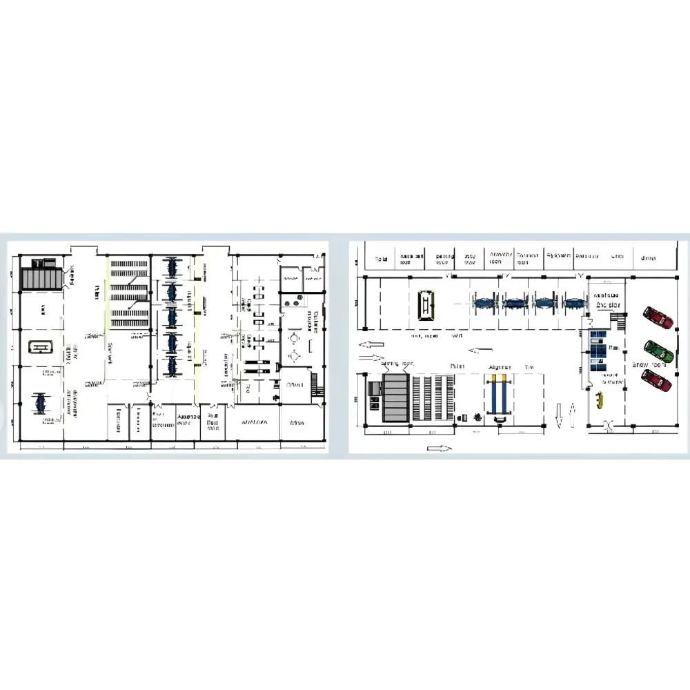 Two floor plans for Car Repair Shop Solutions featuring auto repair equipment