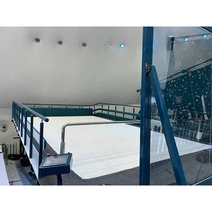 Synthetic ice rink with railing for the Tuocen Alpine Ski Machine experience indoors