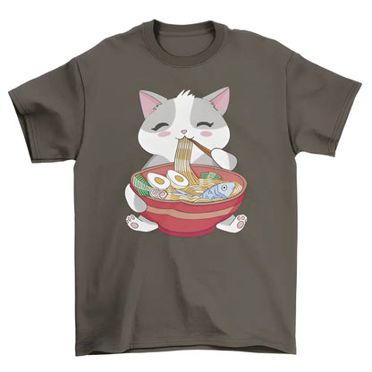 Brown t-shirt featuring a cat eating ramen graphic, perfect for animal lovers