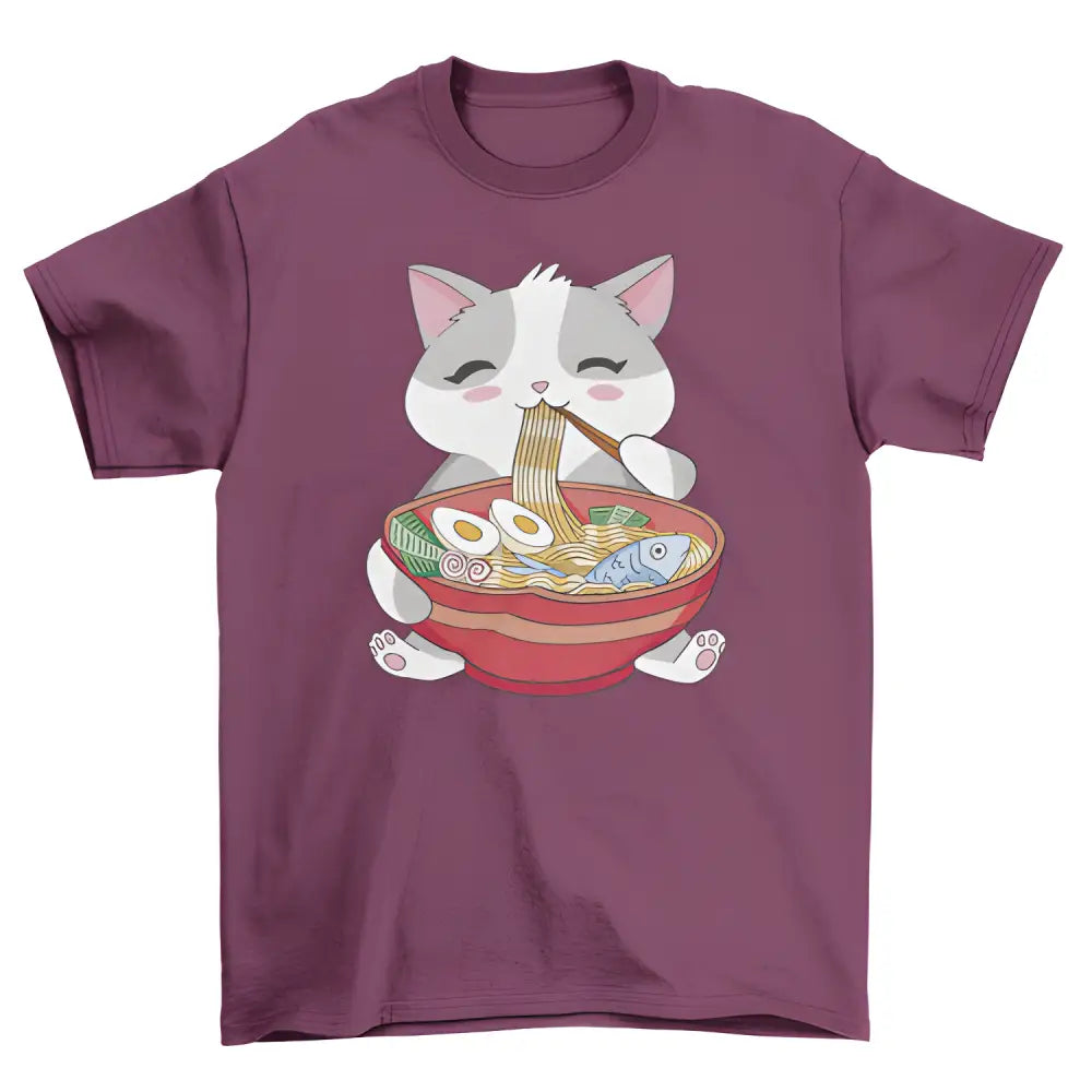 Maroon t-shirt featuring a cartoon cat happily eating ramen for animal lovers