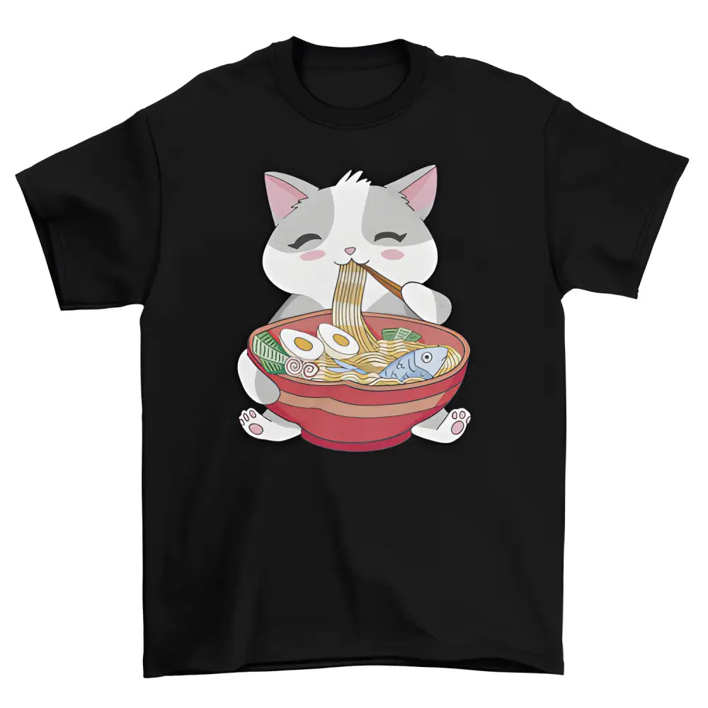 Black Cat Eating Ramen Tee featuring a cute graphic of a cat devouring ramen