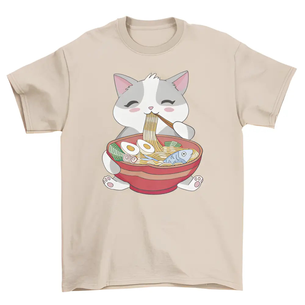 Beige Cat Eating Ramen Tee perfect for animal lovers and ramen fans alike!