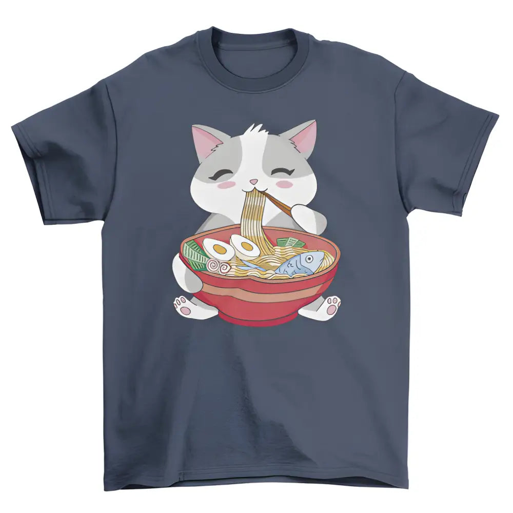 Navy Cat Eating Ramen T-shirt featuring a cute cat enjoying ramen noodles