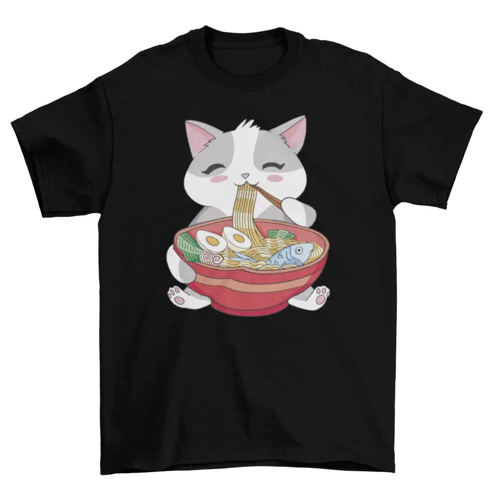 Black Cat Eating Ramen Tee perfect for fans of animals eating ramen and dark chocolate sold