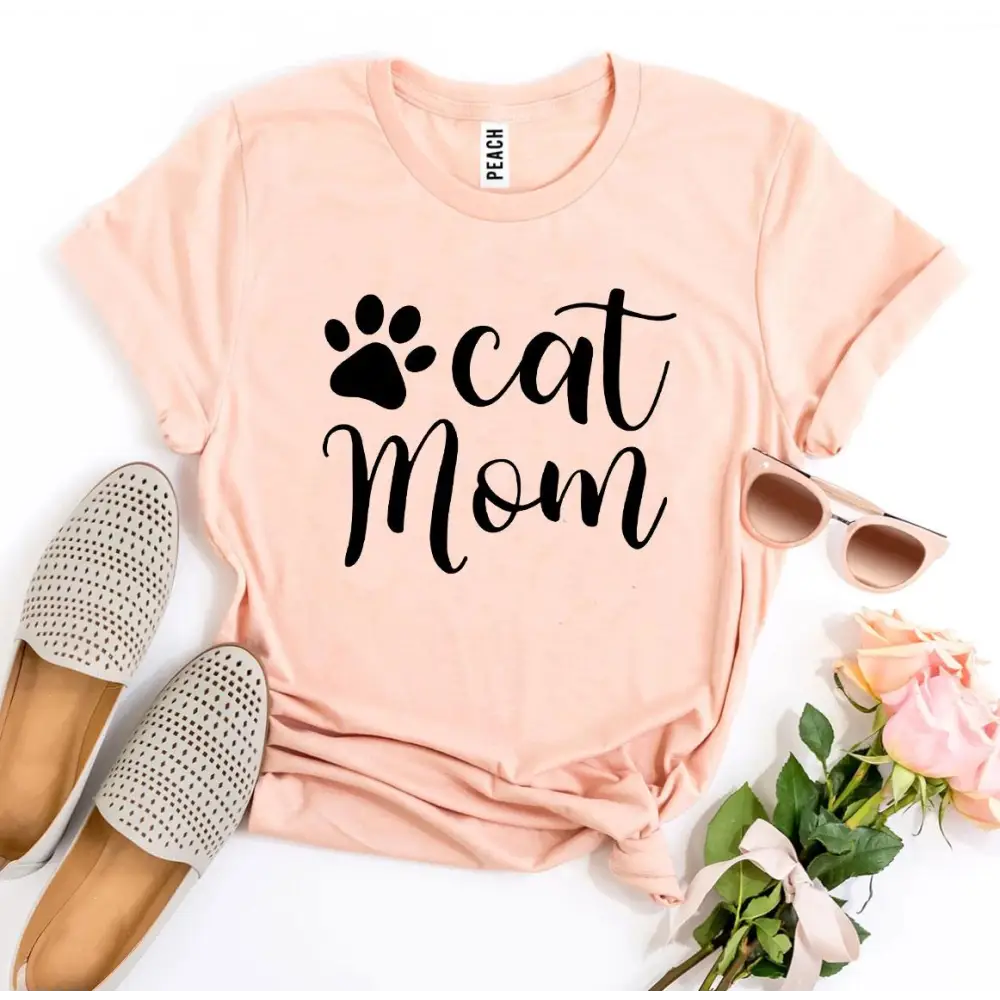 Peach Cat Mom t-shirt on display with Heather Gray Sold option available