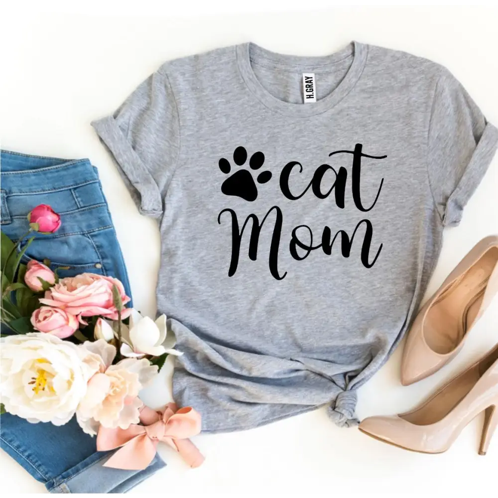 Gray Cat Mom t-shirt on display, part of the popular Heather Gray Sold collection