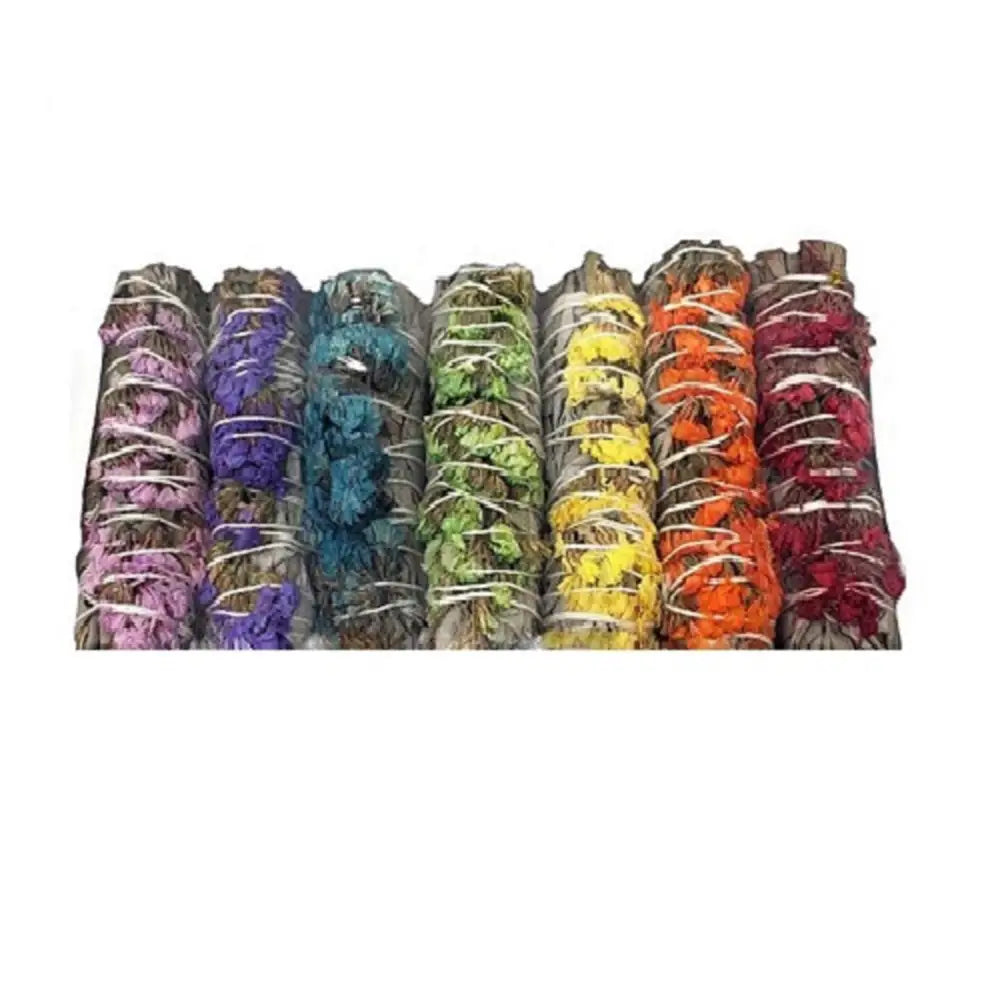 Colorful Chakra White Sage and Sinuata Flower Bundles for cleansing and harmony