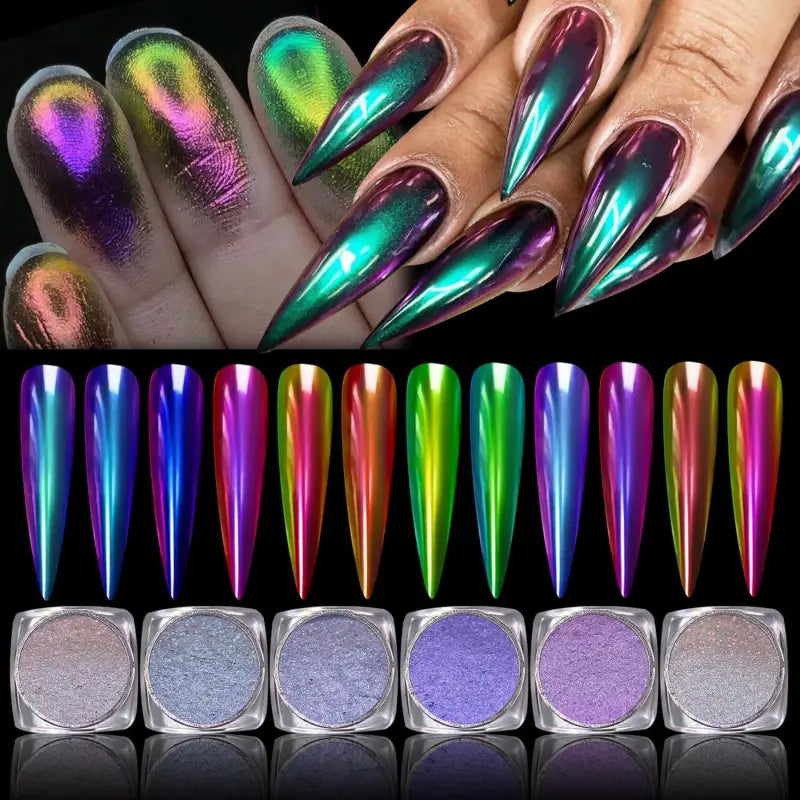 Charming May 12-Box Holographic Chrome Nail Powder Set - Stunning Diamond Reflective Glitter for Galaxy Nail Art