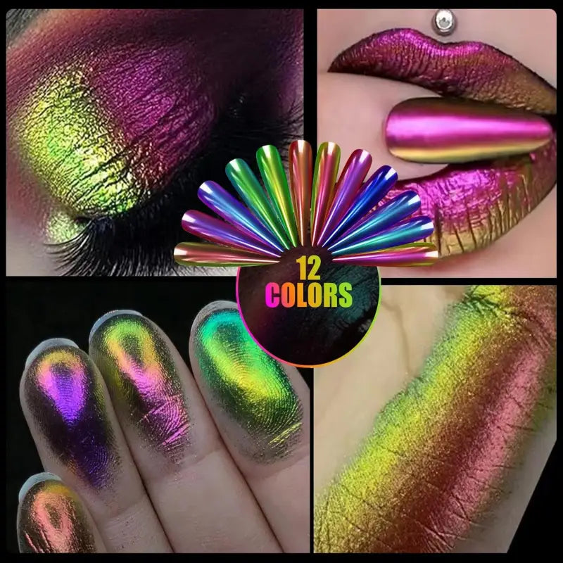 Charming May 12-Box Holographic Chrome Nail Powder Set - Stunning Diamond Reflective Glitter for Galaxy Nail Art