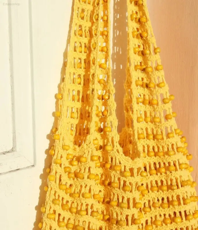 🌞 Chic Essential – Karma Wooden Beads Crochet Bag | Perfect for Travel & Daily Essentials - Summer Yellow