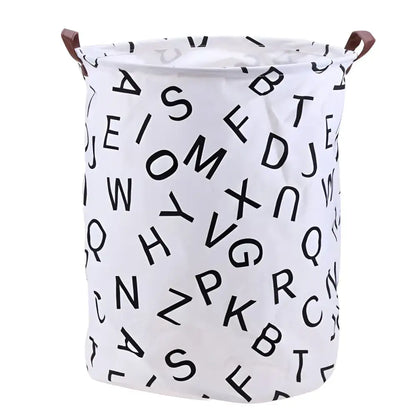 White laundry hamper with black alphabet print, perfect clothing storage basket for home