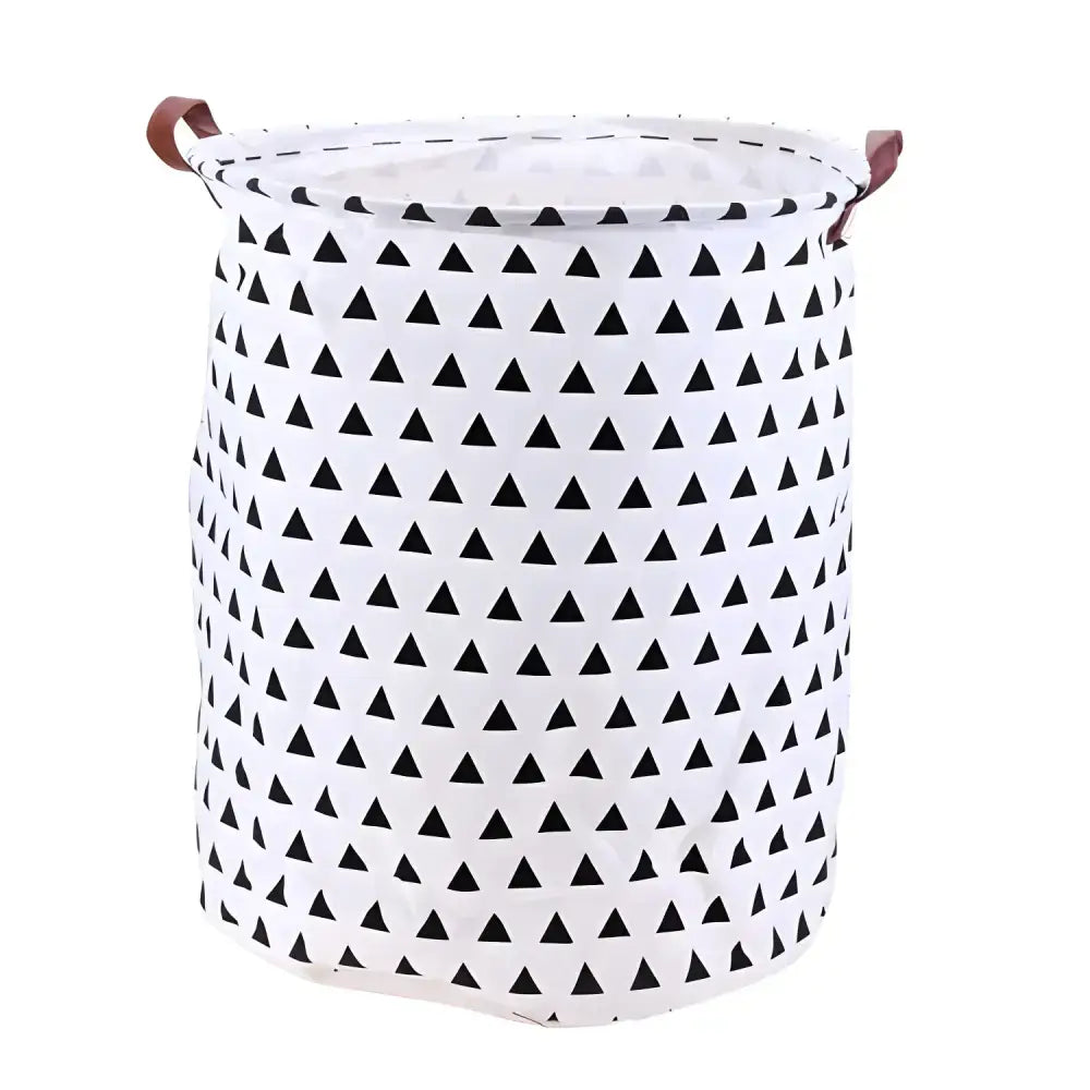 Stylish white clothing storage basket with black triangle pattern for organizing laundry