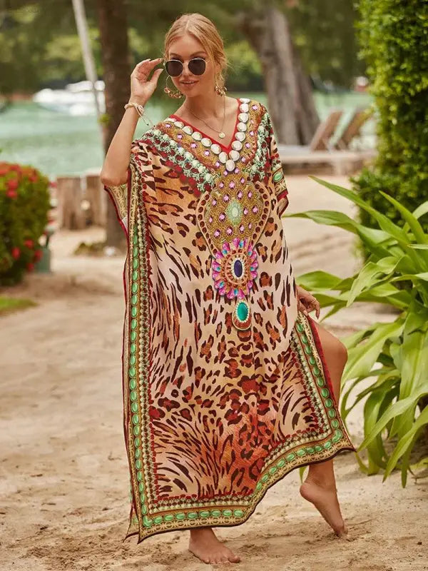 Chic Women's Long Caftan Print Cover-Up - Boho Beach Maxi Dress & Bathing Suit Abaya Outfits - Estalios