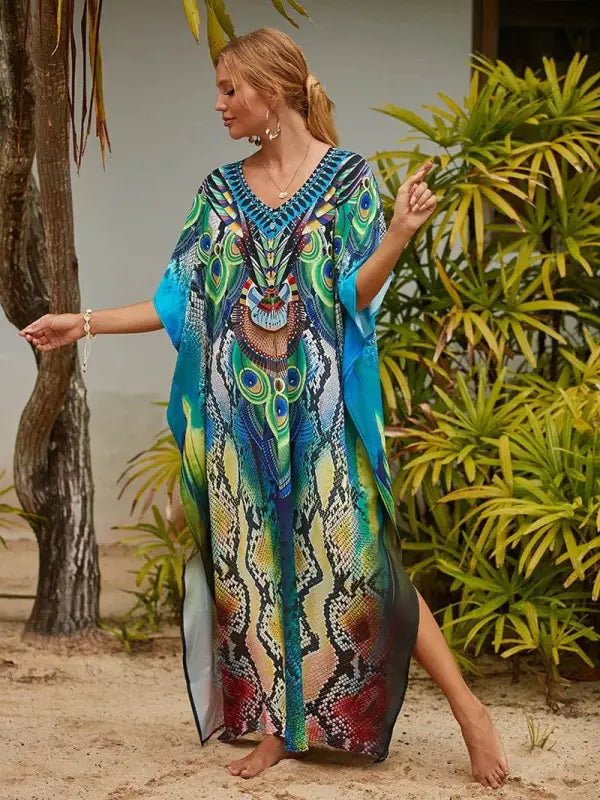 Chic Women's Long Caftan Print Cover-Up - Boho Beach Maxi Dress & Bathing Suit Abaya Outfits - Estalios