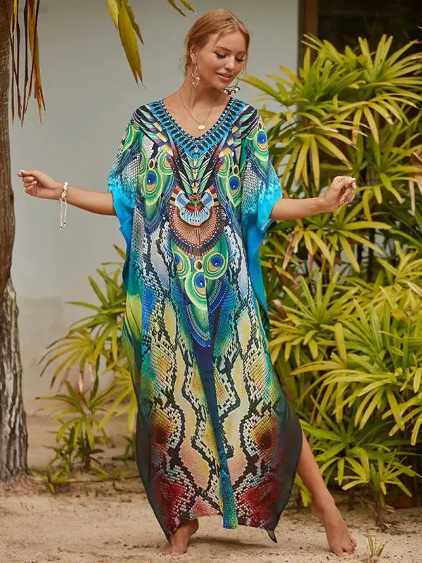 Chic Women's Long Caftan Print Cover-Up - Boho Beach Maxi Dress & Bathing Suit Abaya Outfits - Estalios