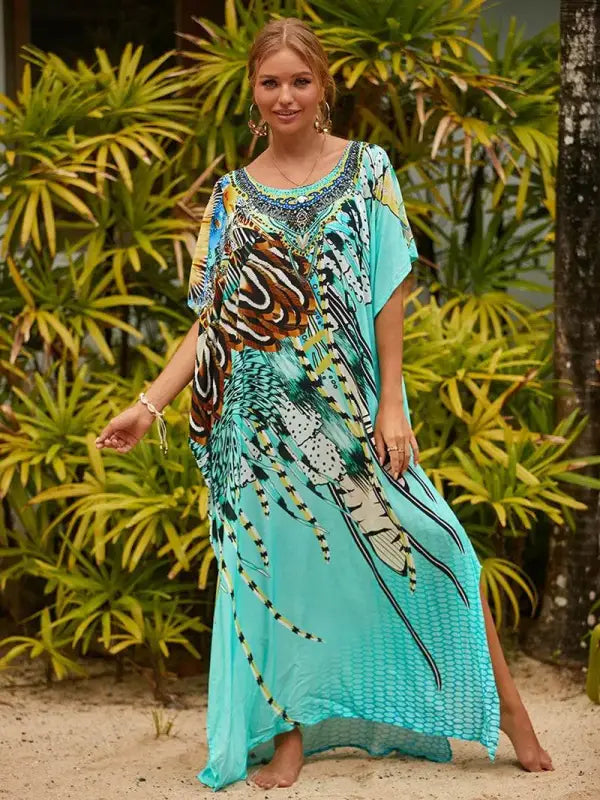 Chic Women's Long Caftan Print Cover-Up - Boho Beach Maxi Dress & Bathing Suit Abaya Outfits - Estalios