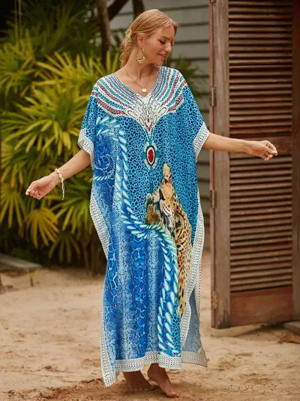 Chic Women's Long Caftan Print Cover-Up - Boho Beach Maxi Dress & Bathing Suit Abaya Outfits - Estalios