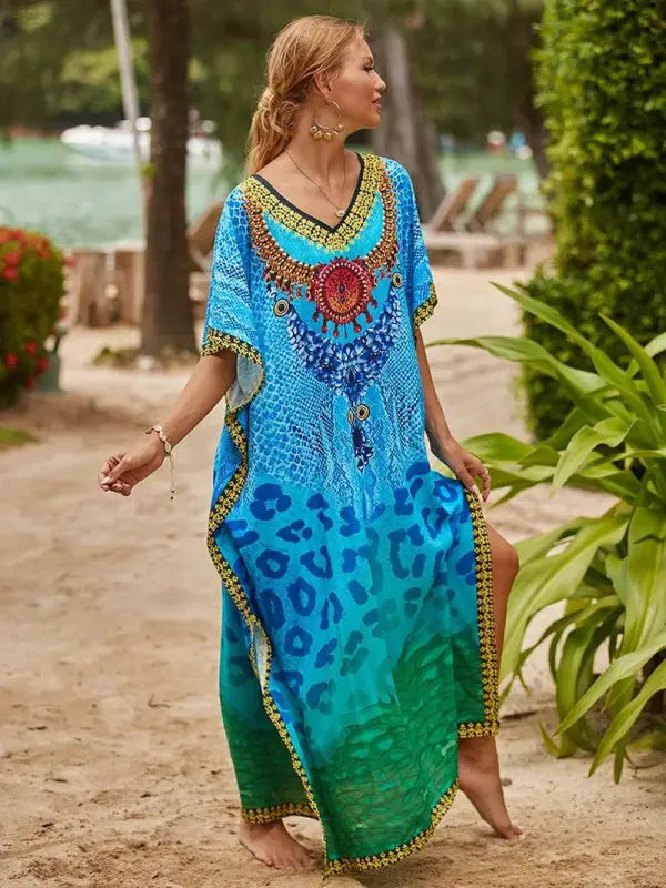 Chic Women's Long Caftan Print Cover-Up - Boho Beach Maxi Dress & Bathing Suit Abaya Outfits - Estalios