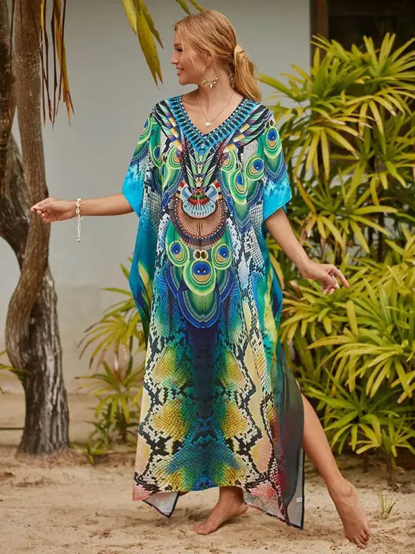 Chic Women's Long Caftan Print Cover-Up - Boho Beach Maxi Dress & Bathing Suit Abaya Outfits - Estalios