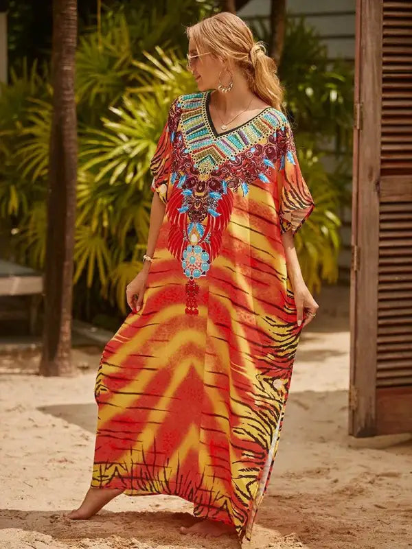 Chic Women's Long Caftan Print Cover-Up - Boho Beach Maxi Dress & Bathing Suit Abaya Outfits - Estalios