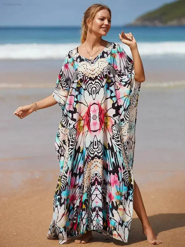 Chic Women's Long Caftan Print Cover-Up - Boho Beach Maxi Dress & Bathing Suit Abaya Outfits - Estalios